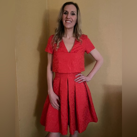 NWT Maje Roleo Pleated Metallic Jacquard Dress Red Size 1 - Picture 3 of 8